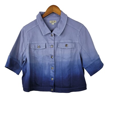 One World Cropped Denim Jean Jacket Size XL dip Dyed Ombre Blue Light Dark-image