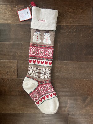 NWT POTTERY BARN KID Fair Isle Knit Cream Snowman Christmas STOCKING Mono Emilia-image