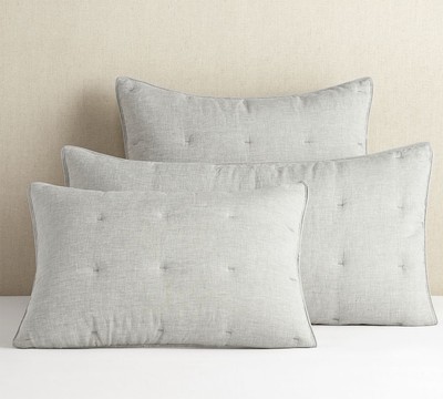 Pottery Barn Belgian Flax Linen Tufted Quilted Standard Shams (2) Soft Gray NWT-image