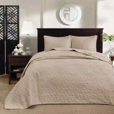 Queen Size Bedding Oversized Bedspread Quilt Set Khaki 3 Pc Elegant 102 x 118