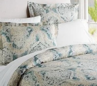 Pottery Barn Rowena Duvet Cover Full-Queen Teal/Gold Medallion Linen Blend EUC-image