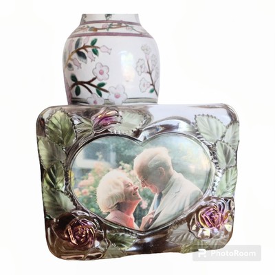 Crystal Roses Heart Shaped Desk Picture Frame Glass Made in Japan-image