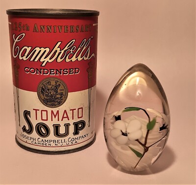 1990 GLASS EYE STUDIO vtg egg paperweight Petru Rusu white flower vine leaves-image