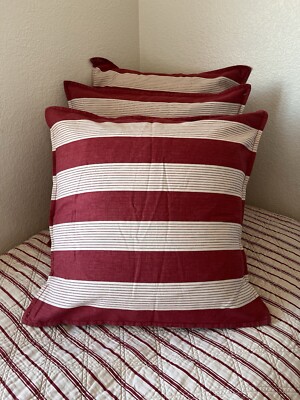 POTTERY BARN AWNING STRIPE EURO SHAMS LOT OF THREE 26” SQUARES RED AND WHEAT-image