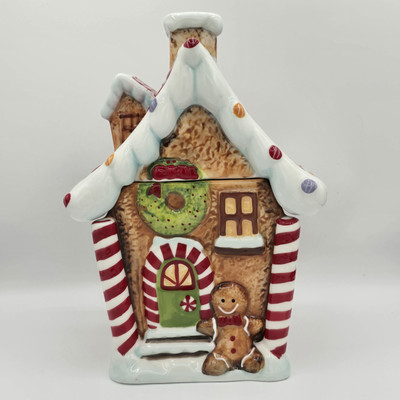 Christmas Gingerbread House Cookie Jar Sleigh Bell Potter's Studio Holiday-image