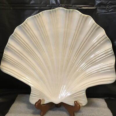 HOME Studio Shoreline Collection Shell Shaped Platter Beige w Blue 12.5” X 11”-image