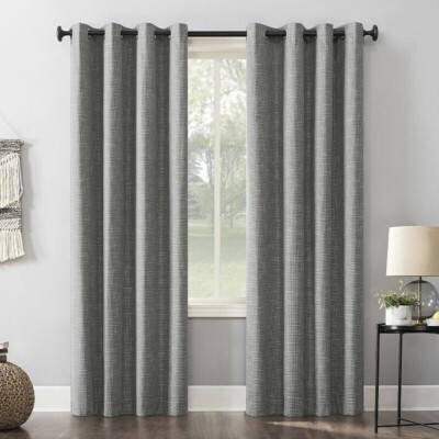 Sun Zero Kline Burlap Weave Thermal 52 in x 84in Blackout Grommet Curtain Gray -image