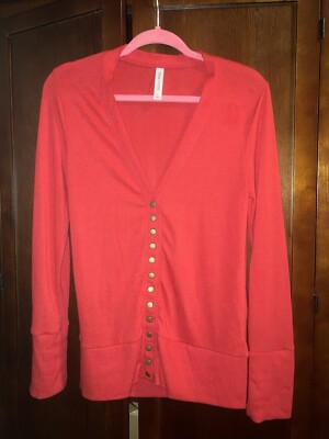 Bronze Button Up Large Red Women’s Dip Down Sweater Made In Cambodia  -image