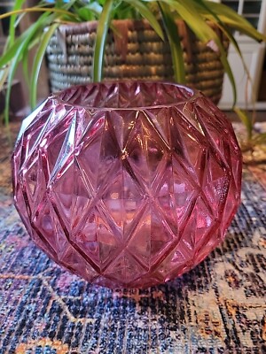 Vintage Vase Cranberry Color Glass Diamond Shaped Design.-image