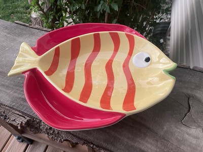 Summer Living Large Ceramic Colorful Fish Shaped Chip & Dip Serving Dish Bar B Q-image