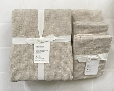 Pottery Barn EUROPEAN FLAX LINEN WAFFLE King Duvet & 3 Euro Shams~Flax~NWT-image