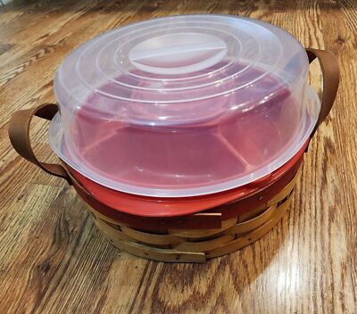Vintage Peterboro Large Round Basket With Red Chip and Dip Container  5 pieces-image