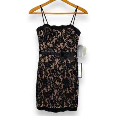 City Studio Women's Champagne Black Lace Overlay Satin Cocktail Dress Size 13-image