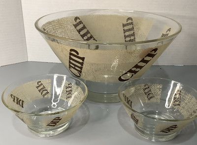 Glass Chip And Dip Set With Brown Burlap Pattern Large Spell Out 3 Bowls VTG-image