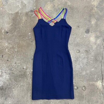 1990s Ann Taylor Studio body con dress w colorful criss cross straps size xs-image