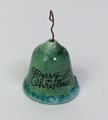 Vintage Studio Art Pottery 1” Tiny Bell Ornament Merry Christmas Green Glazed-image