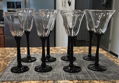 8 Rick Strini hand blown studio art wine goblets/glasses clear bowl w/black stem-image