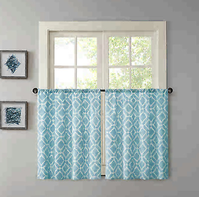 Madison Park Ella Diamond-Printed Rod-Pocket Kitchen Tier Pair Blue 60 X 24-image