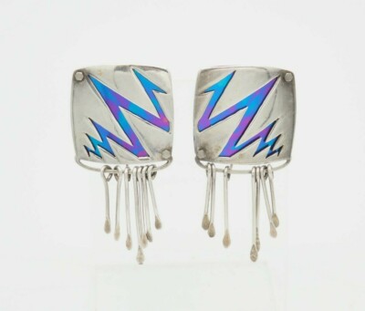VTG Art Studio sterling silver enamel zig zag Modern shadow box fringe earrings-image