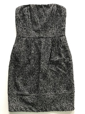 EXPRESS DESIGN STUDIO Tartan Plaid Wool Strapless Dress SZ 2 Cocktail Black WHT-image