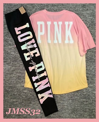 Victoria's Secret Pink Ombre Dip Dye Varsity SS Tee Shirt + Leggings Set L NWT-image