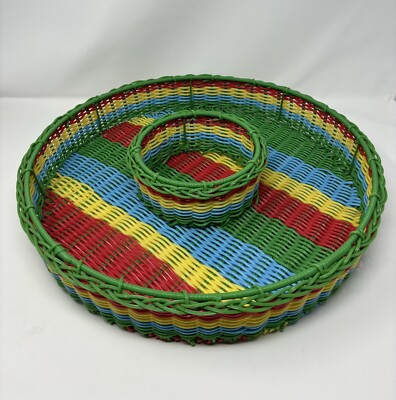 Vintage Chip Dip Snack Serving Tray Woven Wired Plastic Handmade Colorful LG 17”-image