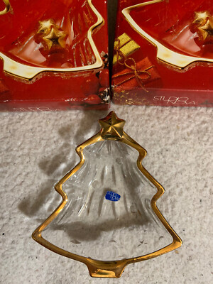 PAIR Christmas Tree Shaped  Gold Trim Candy Dishes Vintage STUDIO NOVA-image