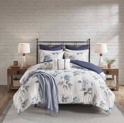 BLUE ZENNIA Queen 7pc COMFORTER SET : COTTAGE FLOWERS WHITE SEERSUCKER FLORAL-image