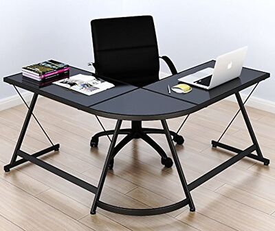SHW Gaming Desk Computer L-Shape Corner Studio Table, Black, Glass Top-image