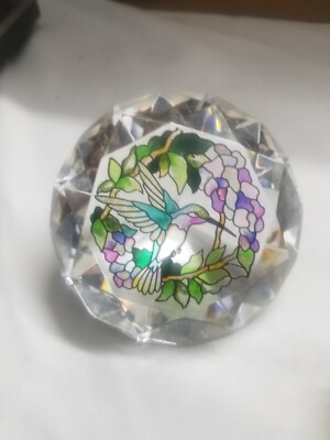 Amia Studios Hand Painted Hummingbird Diamond Shaped Crystal Paperweight-image