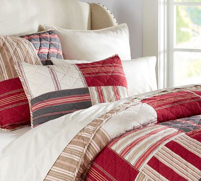 POTTERY BARN MULTI-STRIPE PATCHWORK PAIR OF KING PILLOW SHAMS -image
