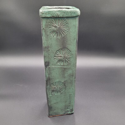 Studio Art Pottery Square Vase Starburst Pattern Rustic Green 13.75