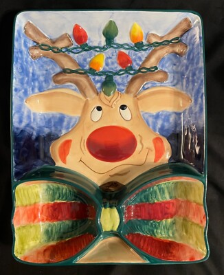 HAND PAINTED EMBOSSED CERAMIC CHRISTMAS REINDEER CHIP N DIP DIVIDED BOWL PLATTER-image