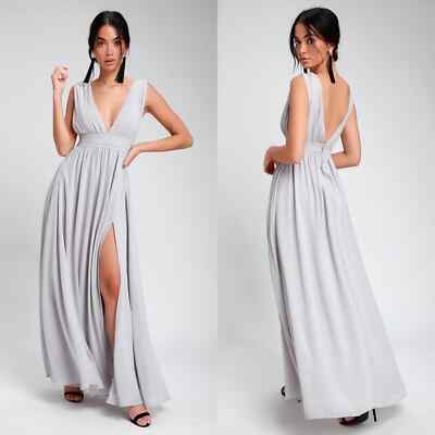 Lulu's Maxi Dress Heavenly Hues Light Grey Front Leg Slit Sleeveless Dip Neck XL-image
