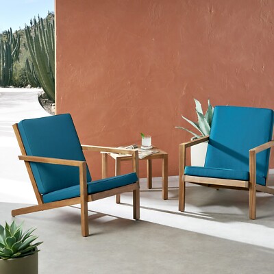 Leah Outdoor 3 Piece Acacia Wood Chat Set, Brown Patina and Dark Teal-image