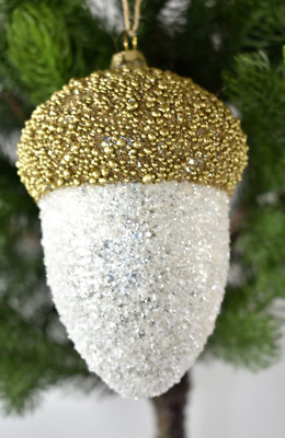 Pottery Barn Lg 3.5x5.5 Gold Glass Beaded Sparkle ACORN Christmas Tree Ornament-image
