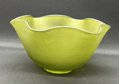 Vintage Avacado GREEN SATIN Bowl Indiana Glass Frosted Ruffled Large Bowl MCM-image