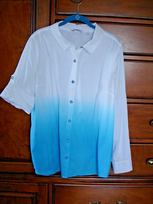 Isaac Mizrahi Live! Cotton Dip-Dye White Turquoise Button Blouse Roll Tab Slv L-image