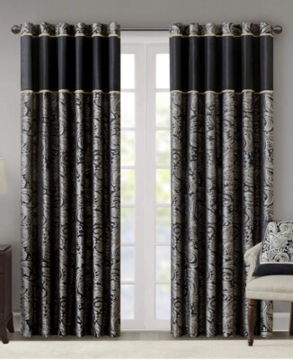 Madison Park Aubrey Faux Silk Paisley (Room Darkening) Curtains Grommets 50x84-image