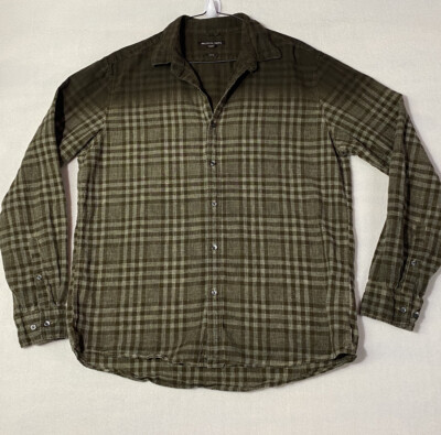 Michael Kors Men’s Linen Dip-Died Brown Plaid Shirt Slim-fit LongSleeve-image
