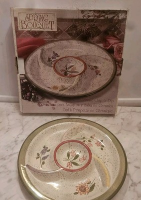 Ceramic  Chip and Dip Bowl Platter 3 Section Plus 4 1/2 Bowl Center 13in Across-image