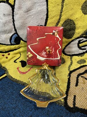 STUDIO NOVA Spirit Gold Trim Christmas Tree Shaped Glass Candy Dish Original Box-image