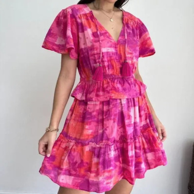 NSR Sz L Kailani Pink Tie Dye Tiered Short Sleeve Mini Dress Boho 100% Cotton-image
