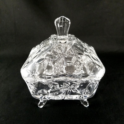 Studio Crystal Clear Pressed Glass Footed Candy Dish & Lid Grape Vine Design-image