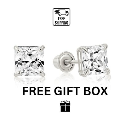 14k White Gold Square Princess Cut CZ Stud Earrings with screw back 3-7mm-image