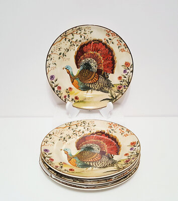 NEW RARE Pottery Barn S/4 Botanical Harvest Turkey Salad Plates Thanksgiving-image