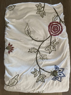 Pottery Barn CREWEL Embroidered Floral King Duvet Cover Ivory /Multi Cotton-image