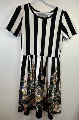 LuLaRoe X-Large Amelia Black White Striped Floral Dipped Birds Garden Flowers-image