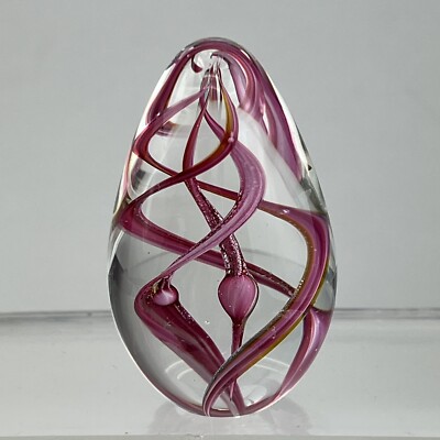 Vintage Glass Eye Studio Signed GES 90' Egg Shaped Pink Swirl Spiral Paperweight-image