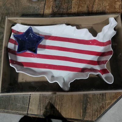 TRANSPAC FOOD SAFE UNITED STATES OF AMERICA SHAPED CHIP AND DIP TRAY NEW IN BOX-image